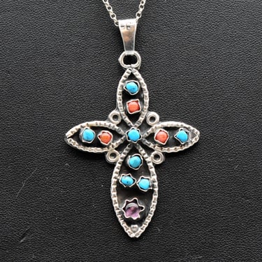 80's Taxco TY-70 cross pendant 925 silver turquoise carnelian amethyst sterling rolo chain necklace 