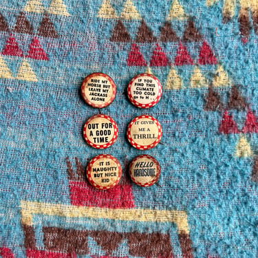6 Vintage 1940s Carnival Pinback Lot Checkered Buttons 