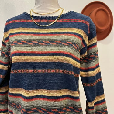 Jones New York Vintage 90s Linen & Cotton Striped Blue Multi Colored Knit - S 