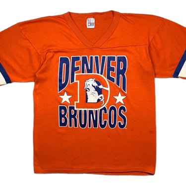 Vintage 80s Denver Broncos Football Old School Logo NFL 3/4 Sleeve Graphic T-Shirt Size Medium/Large 