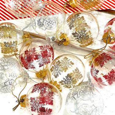 VINTAGE: 12pcs - Glass Ornament - Glitter Decorated Ornaments - Gold, Silver and Red - SKU 00034851 