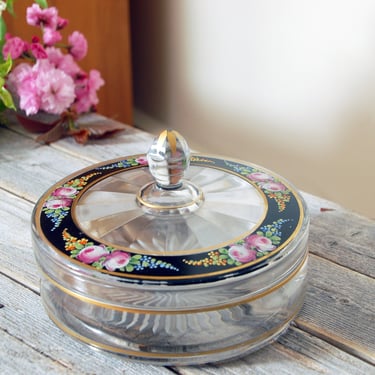 Vintage painted candy dish / cut glass covered dish with flowers / trinket dish / vanity dish / cottagecore / cottage decor / painted dish 