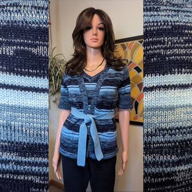 Vintage 1970s Blue Space Dye Acrylic Knit Short Sleeve V-Neck Faux Twin Set with Belt / 70s Navy Striped Montgomery Ward Pullover Sweater 