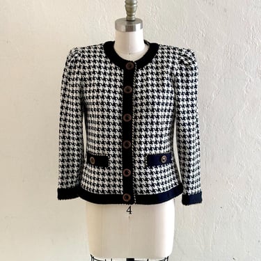 vintage black & white houndstooth cropped classic knit jacket with gold details 