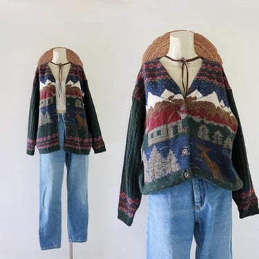 mountain scene cardigan - m - vintage 90s y2k cute cottage cottagecore fair isle green long sleeve womens sweater size medium scenic pattern 