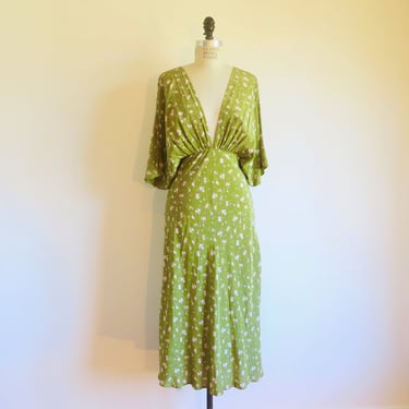 1940's Style Sage Green White Floral Rayon Bias Cut Dress Ruching Butterfly Sleeves Midi Length Open Back Spring Summer Size Small/Medium 