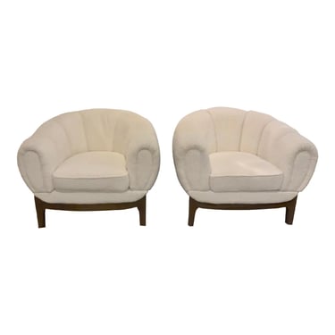 Modern White Boucle Curved Back Club Chairs Pair