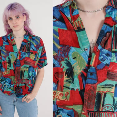 Abstract Print Blouse 90s Tropical Architecture Button Up Shirt Red Blue Watercolor Short Sleeve Collared Top 1990s Vintage Small Medium 