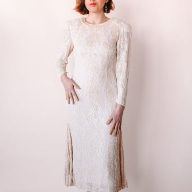 1980s Long Sleeve Beaded Wedding Dress, sz. S