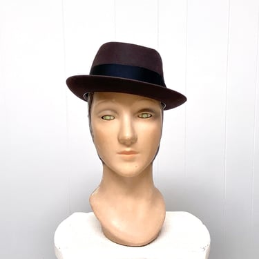 Vintage 1950s Stetson Brown Wool Felt Stingy Brim Fedora, Mid-Century Trilby / Porkpie Hat, 22