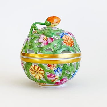 Herend Openwork Porcelain Box - Hand-Painted Floral Design with 24K Gold Accents - Hungarian Collectible Small Round China Ring Box. 