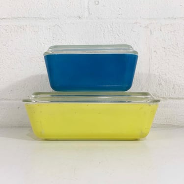 Vintage Pyrex Yellow Blue Refrigerator Dish Primary Set Glass Mid-Century 503-B 1.5 Quart 502-B USA Ovenware Fridge 1960s 
