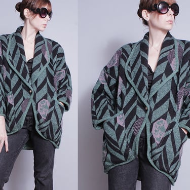 Vintage 1980's | Geometric Pattern | Oversized | Cardigan Style | Sweater | Wool Blend | Coat | M/L or Oversized 