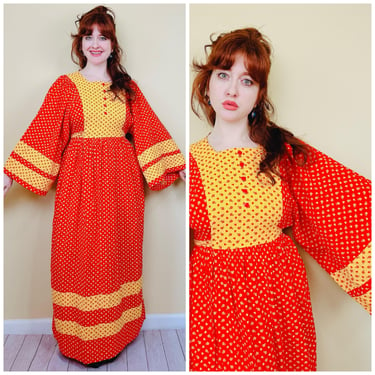 1970s Vintage Red and Yellow Heart Print Maxi Dress / 70s Cotton Novelty Kimono Sleeve Dress / Size Medium - Large 