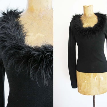 Vintage 2000s Black Feather Maribou Top S - Y2K Long Sleeve U Scoop Neck Fuzzy Knit Top 