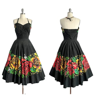 50s Hand Painted Mexican Dress / 1950s Vintage Novelty Print Cotton Day Sun Dress / Medium / Size 8 