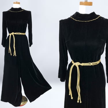 VINTAGE 60s Luxe Black Rayon Velvet Palazzo Pants Jumpsuit by Barsarobe | 1960s 40s Style Gothic Wide Leg Loungewear & Gold Braided Belt VFG 
