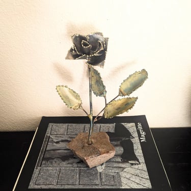 Brutalist Handmade Metal Flower Sculpture on Granite 