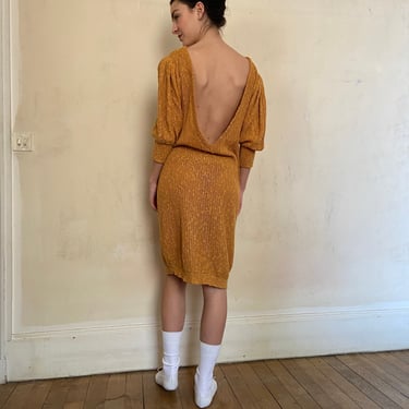 1980s deep v open back knit dress, orangey yellow, puffy sleeves / medium - large 