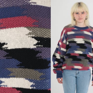 Geometric Sweater 90s Pullover Knit Sweater Abstract Print Crewneck Jumper Slouchy Purple Pink Blue White Black Cotton Vintage 1990s Large 