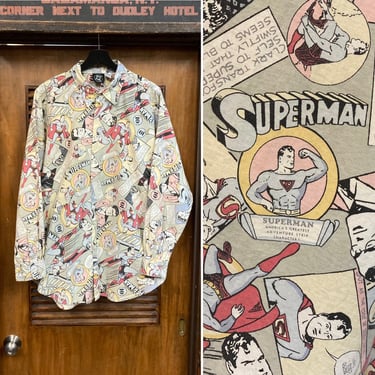 Vintage 1980’s Size L Superman DC Comics Comic Book Cartoon Long Sleeve Cotton Print Shirt, Action Comics, 80’s Vintage Clothing 