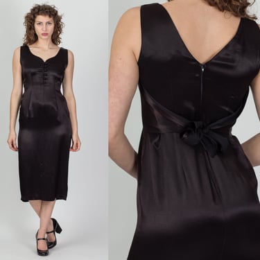 90s V Neck Black Satin Midi Dress - Small | Vintage Boho Fitted Waist Sleeveless Formal Dress 