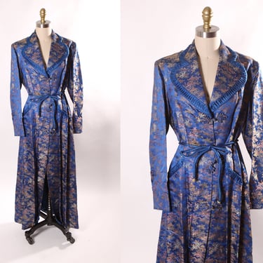 1950s Blue Brocade Long Sleeve Novelty Japanese Scenic Print Ankle Length Robe -M 