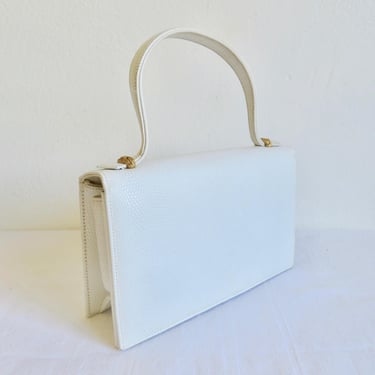 1960's Mod Style Mini White Snakeskin Embossed Leather Structured Purse Top Handle Gold Hardware 60's Spring Summer Handbags 