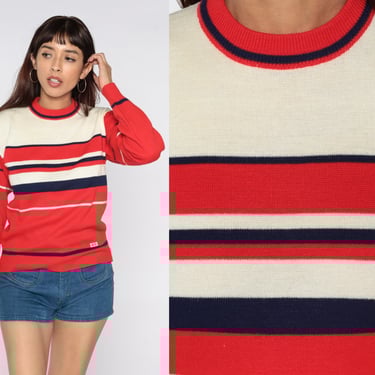 70s Striped Sweater Ketch Knit Pullover Sweater Red White Blue Stripes 80s Crewneck Ski Sweater Bohemian Retro Cozy Vintage 1970s Medium M 