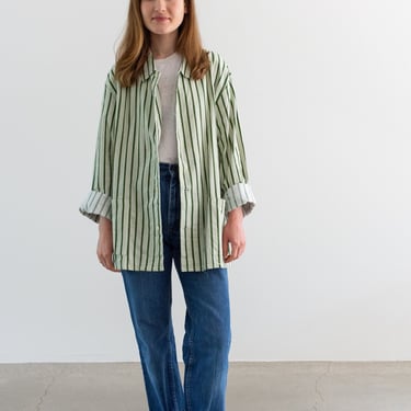 Vintage Green White Striped Shirt Jacket | Unisex Flannel Stripe Cotton Pajama Chore shirt | M | SJ007 