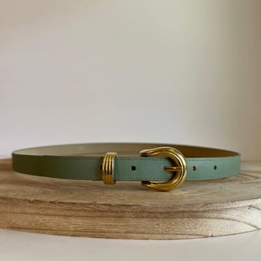 Vintage 90s Sage Green Vegan Leather Detailed Gold Buckle Belt - S/M 