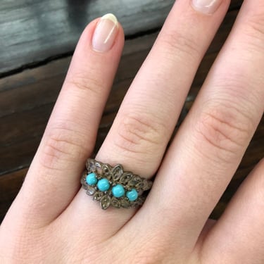 Vintage Sterling Silver Mid Century Style Blue Beaded Ornate Metal Setting Small Size Turquoise Color 