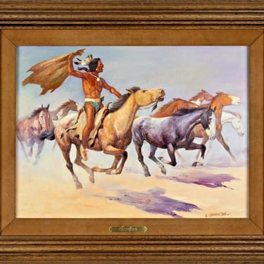 Painting, "Pursuing the Herd", Oil on Board, Shep Chadhorn, 20th Century, Framed