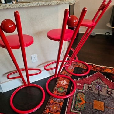 Postmodern Bar Stools,  Mid Century Red Bar Stools, Red Stools, Abstract Bar Stools, Red Tall Boys, Retro Bar Stools, Vintage Home Decor 