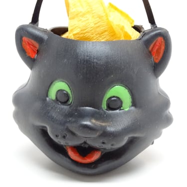 Vintage Mini Plastic Black Cat Candy Bucket Container for Halloween 