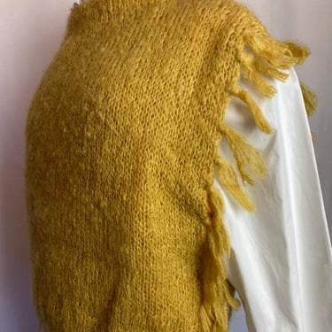 Vintage 60’s mustard yellow fringed sweater Cozy fuzzy nubby soft sleeveless unique /one of a kind boxy oversized style Size Med 