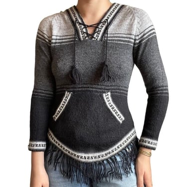 Vintage Womens Alpaca Gray Peruvian Geometric Fringe Hooded Sweater Sz M 