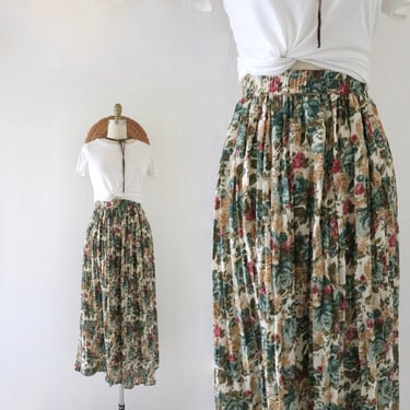 chiffon rose garden maxi skirt 26-34 - vintage 90s y2k womens floral long sheer elastic waist cute cottage cottagecore skirt 