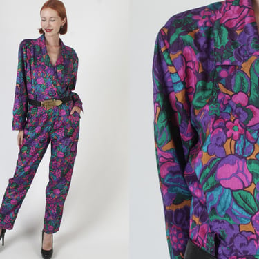 Bright Floral Retro Jumpsuit, Silky Menswear Style Playsuit With Pockets, Vintage 80s Womens All Over Print Pant Suit 