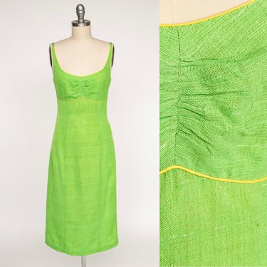 Y2K Dress Linen Silk Lime Green Metallic Fitted XS 