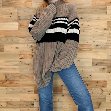 Y2K Plush Soft Striped Ribbed Oversized Chenille Pullover Sweater Top 