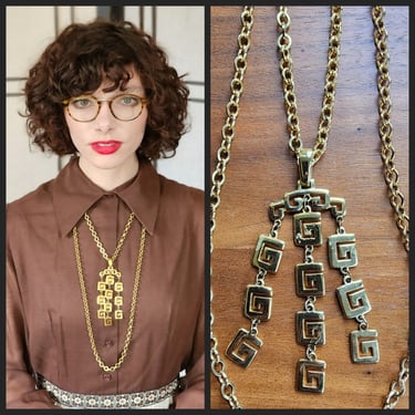 60s Crown Trifari Necklace Gold Pendant Greek Key Fringe 