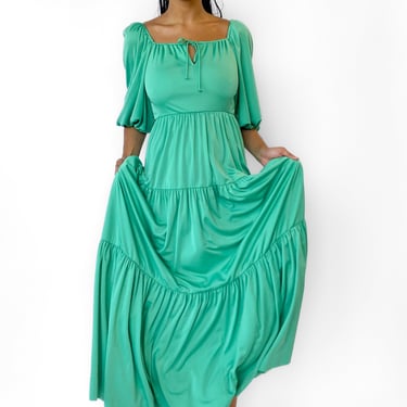 1970s Teal Tiered Maxi Dress, sz. S