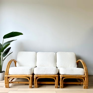 Vintage Mid Century Modular Bamboo Sofa w/ Fresh Boucle Upholstery