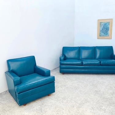 MCM Teal Vinyl Couch + Chair