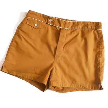 vintage swim shorts / 60s shorts / 1960s mustard yellow elastic waist nylon lined swim shorts 34 