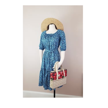 Vintage 1970's Blue Floral Dress / 70s Poly Day Dress S/M 