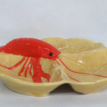 Ceramic Red Lobster Yellow Divided Leaf Plate Maruhon Ware Japan 3017B