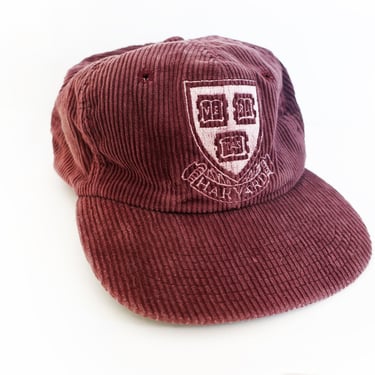 vintage Harvard hat / corduroy hat / 1980s Harvard University crest crimson corduroy snapback hat cap 