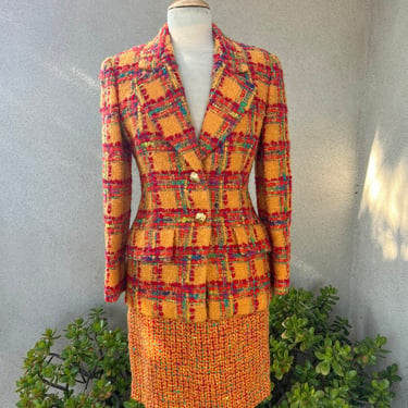 Vintage 80s suit skirt & blazer by Anne Klein orange red plaid tweed knobby mohair wool size 6 